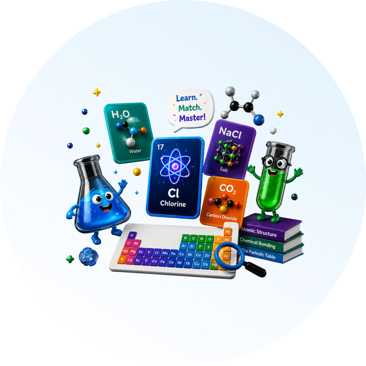 Interactive science revision cards and laboratory characters